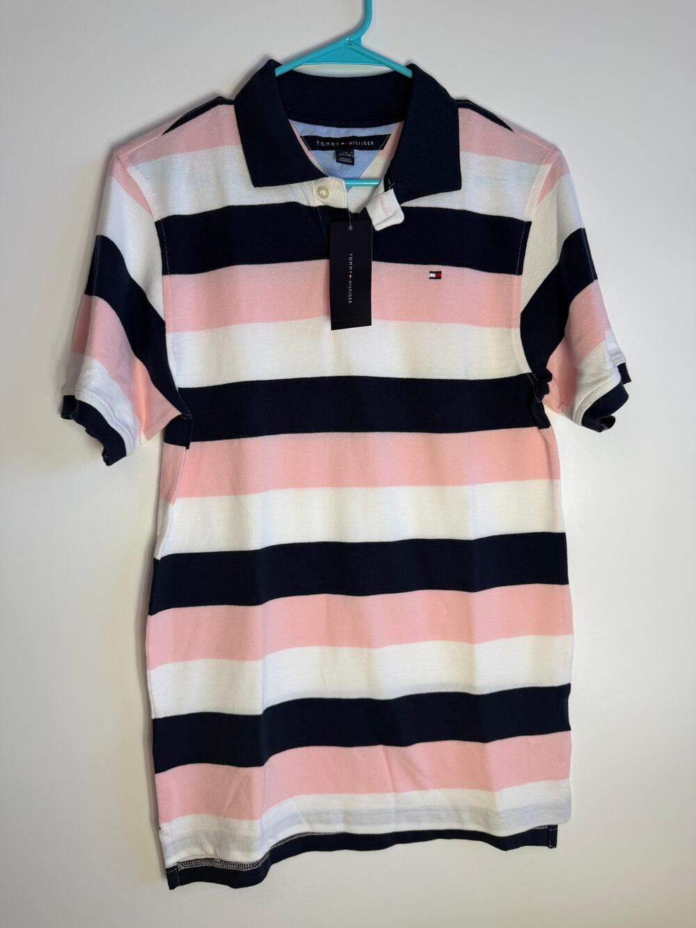 Tommy Hilfiger Boys L 16/18 Polo Shirt Pink Navy Stripe NWT
